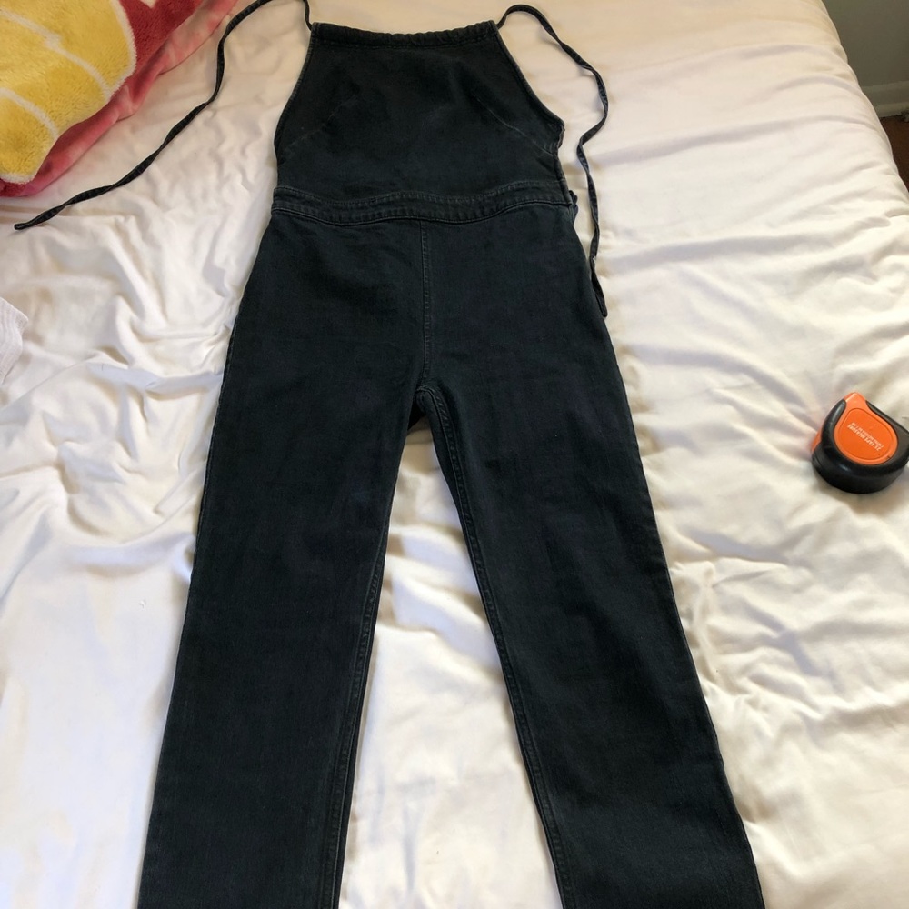 FREE PEOPLE black denim halter tie jumpsuit